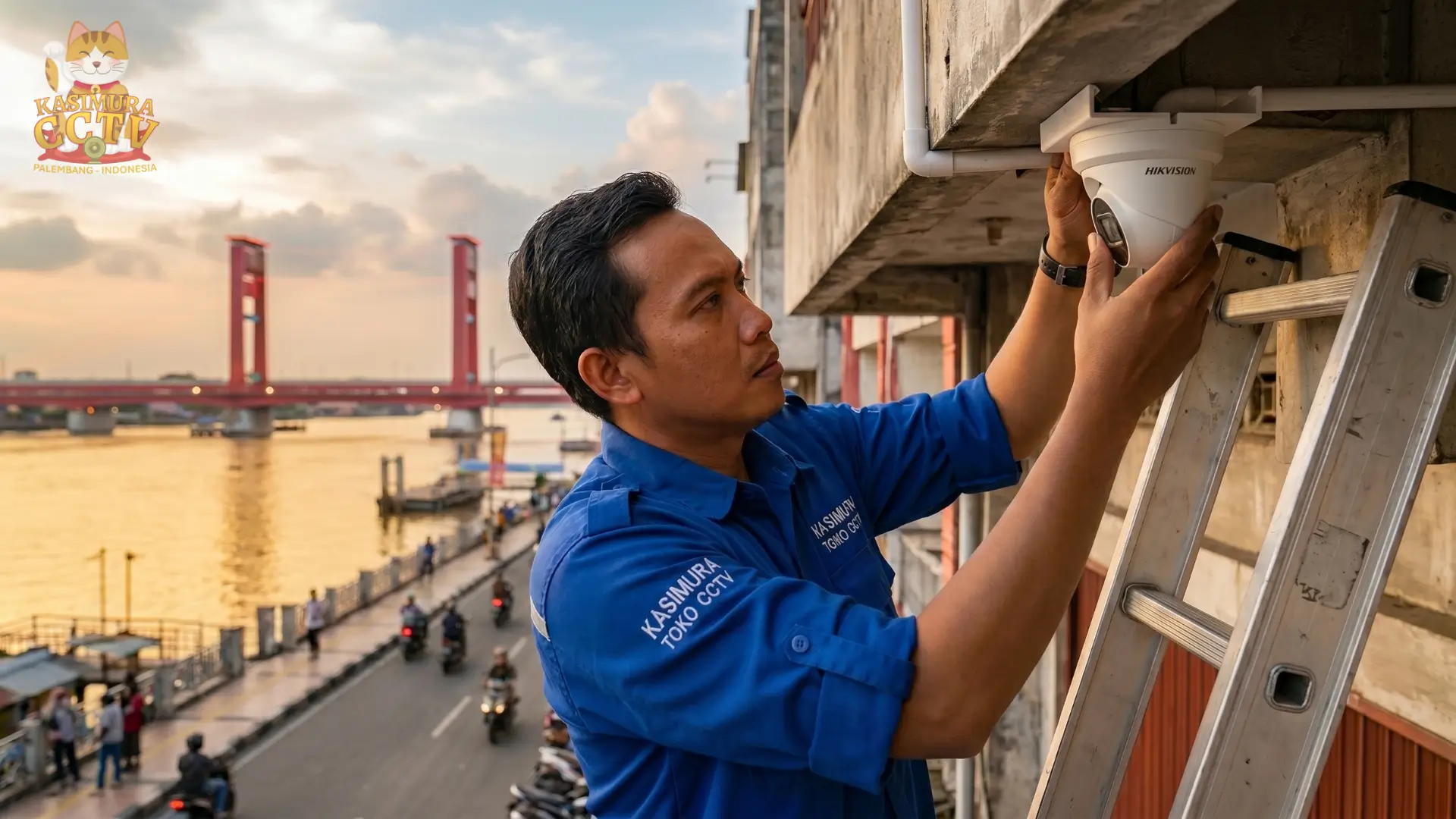 Teknisi Kasimura sedang pasang CCTV Hikvision di ruko Palembang